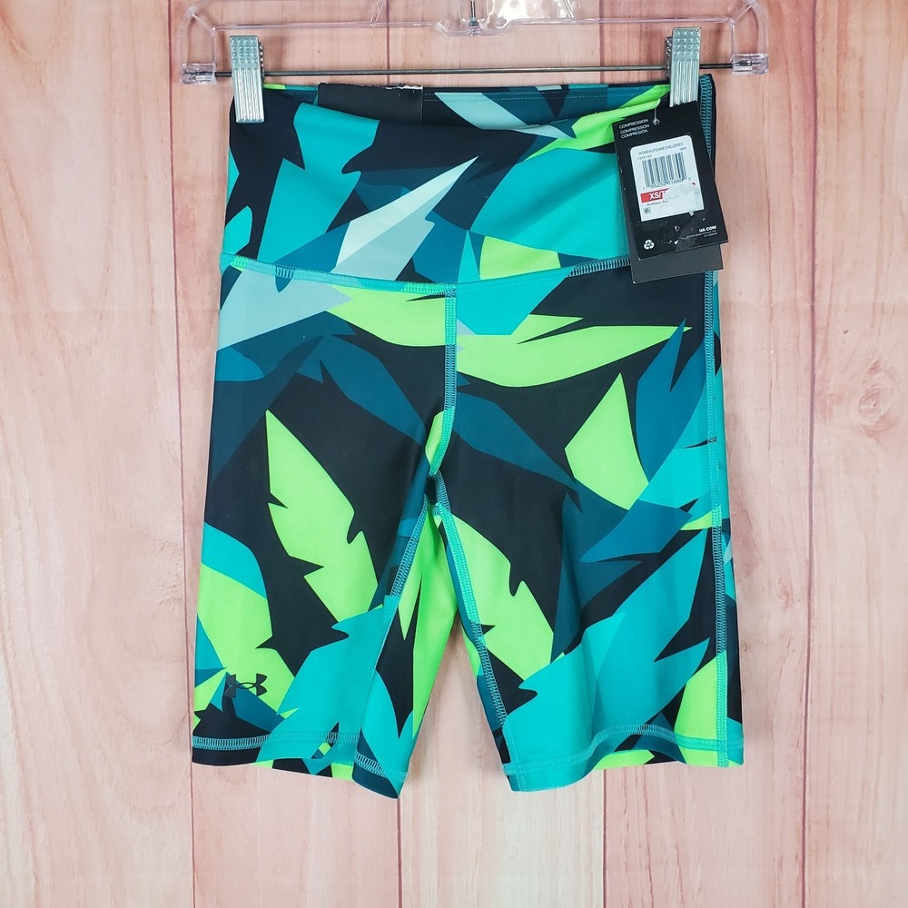 Under Armour HeatGear Tech Bike Shorts Womens XS Blue Green Armour AOP Athletic